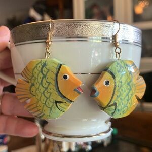 Handcrafted Yellow Fish Earrings Kissing Fish Wooden Dangle